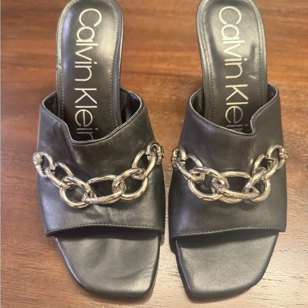 Calvin Klein Black Mules with Silver Chain